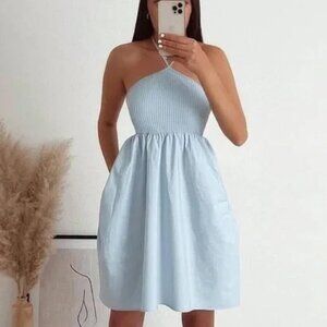 Zara Halter Ribbed Poplin Mini Dress NWT Baby Blue Size Medium